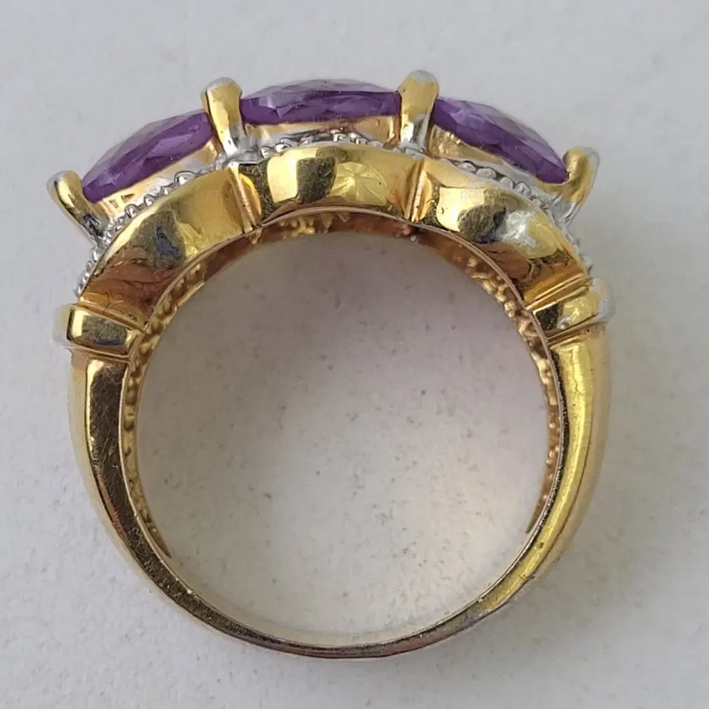 925 Sterling Silver 3-Stone Amethyst Cocktail Statement Ring Sz 4.75